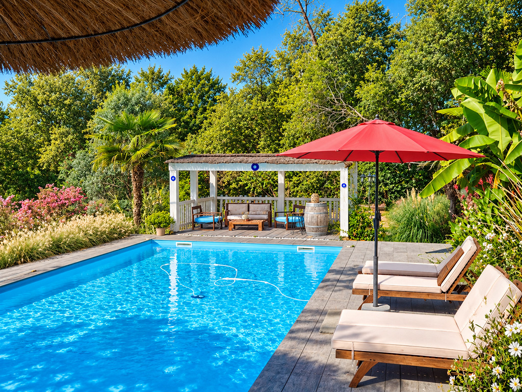 Piscine extérieure du Gîte Pigerot bordée de transats, avec parasol rouge et salon couvert au milieu de la végétation.