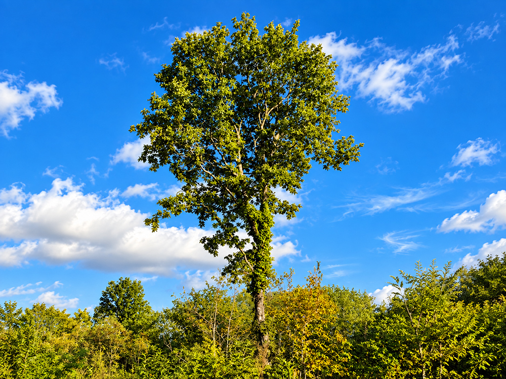 Grand arbre au milieu d’une végétation dense sous un ciel bleu parsemé de nuages.