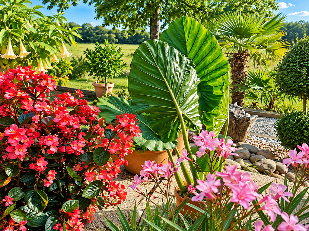 Fleurs rouges et roses entourant de grandes feuilles vertes d'un alocasia dans le jardin.