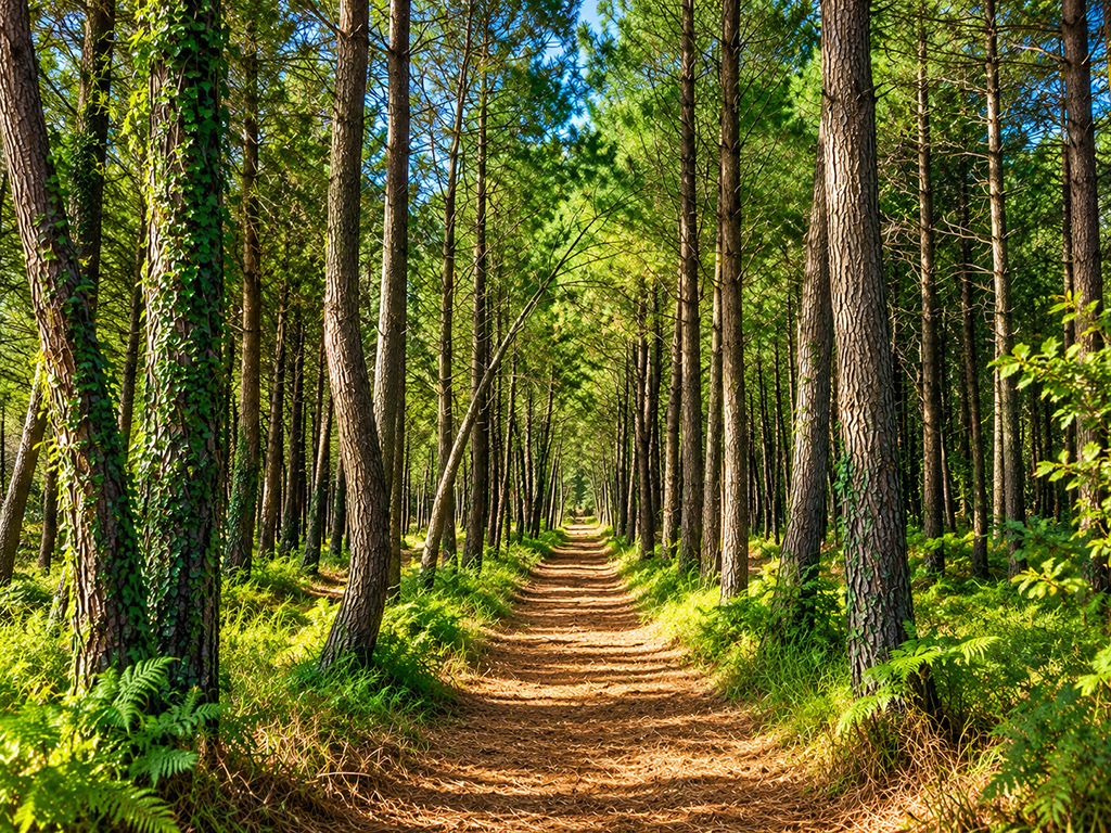 Sentier ombragé traversant une forêt de pins.