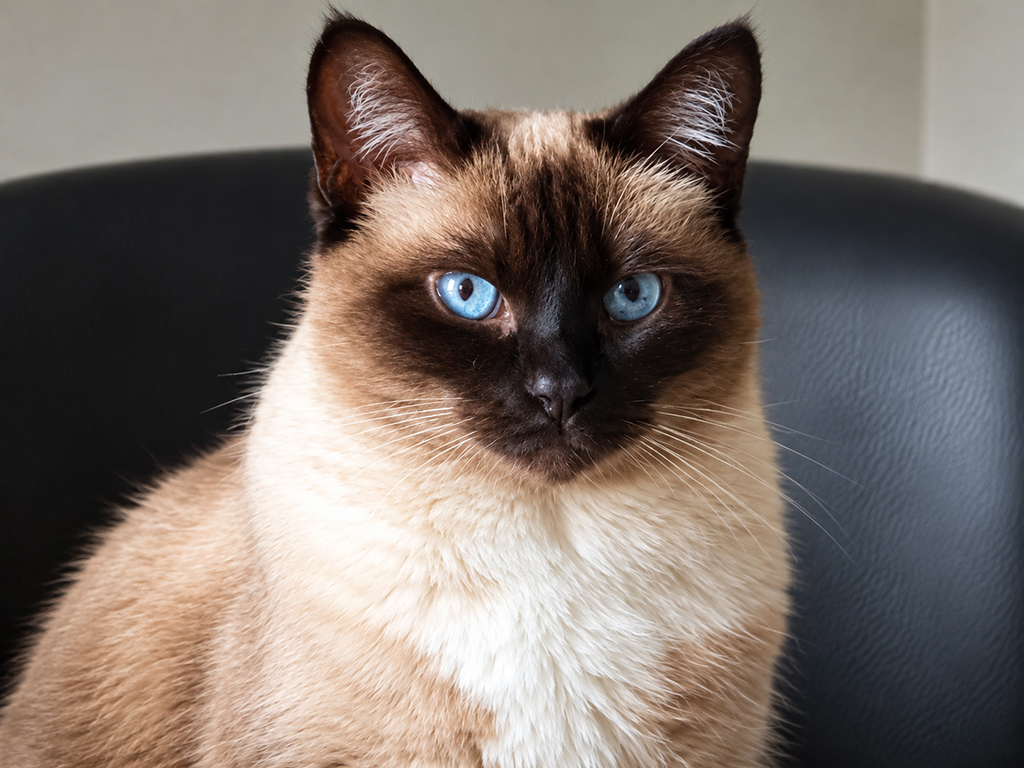 Portrait d’un chat aux yeux bleus, au pelage crème et au masque brun foncé.