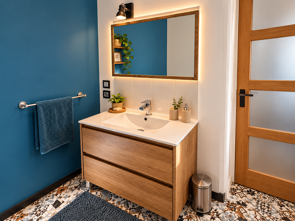 Meuble vasque en bois avec miroir, mur bleu et sol à motifs dans la salle d’eau.