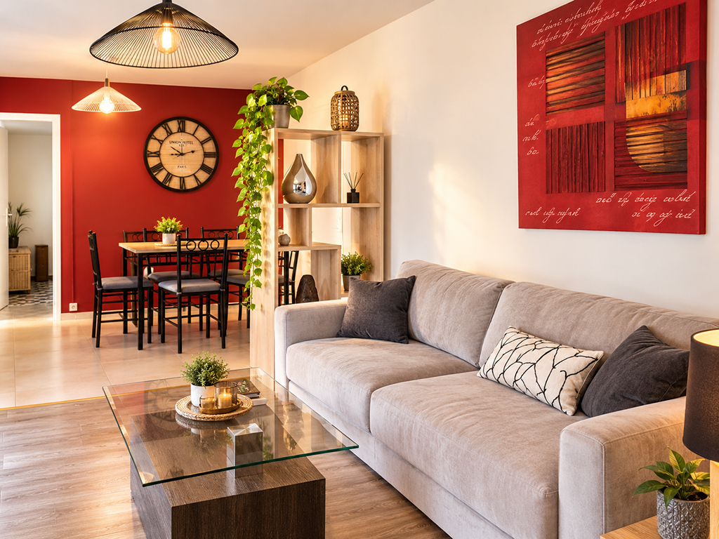 Séjour avec canapé gris et espace repas devant un mur rouge.