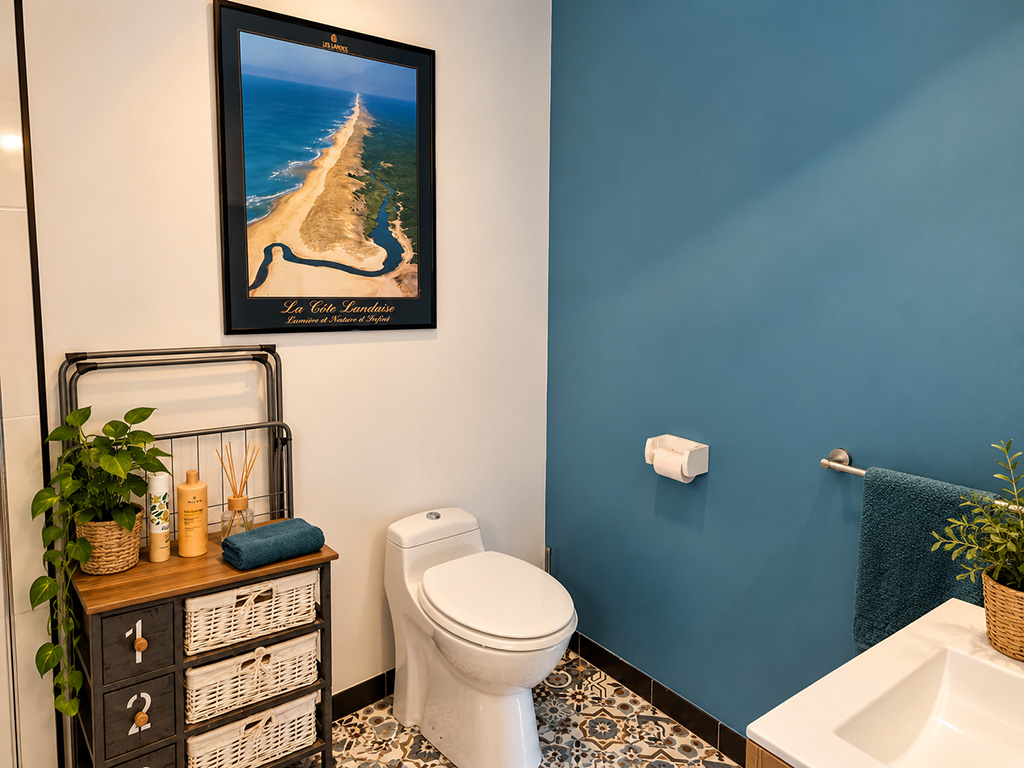 Salle d’eau avec toilettes, meuble à paniers, lavabo et mur bleu.