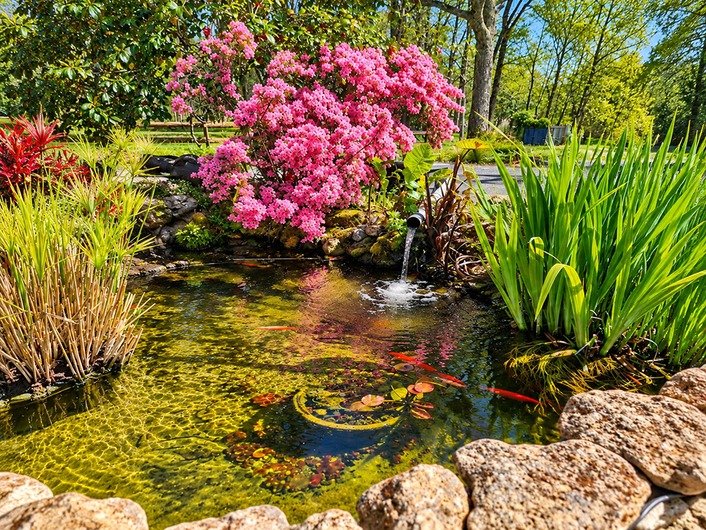 Bassin de jardin avec poissons, petite cascade et arbuste aux fleurs roses.