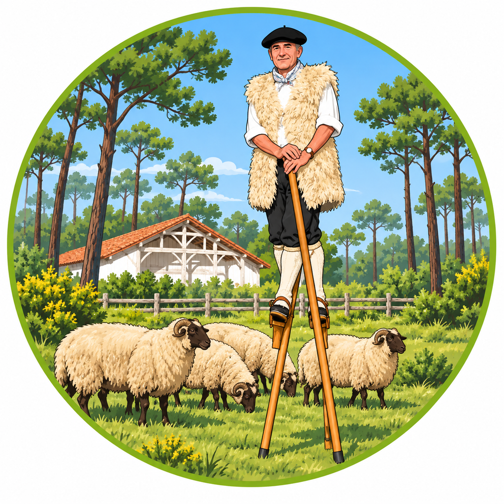 Echassiers landais surveillant son troupeau de moutons